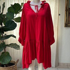 Billowy Romantic Bohemian Red Peasant Dress Soft Lyocell Draped womens Evarae, M